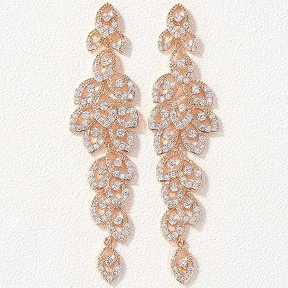 Chandelier Pave Leaves Rhinestone CZ Crystal Gold Earrings Bridal Formal New - Picture 1 of 6